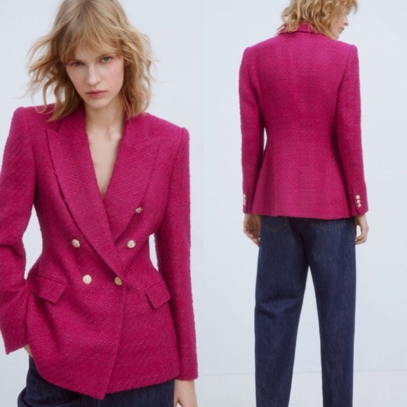 BLOGGERS FAVE Zara Raspberry Red Bouclé Tweed Blazer - Picture 3 of 16